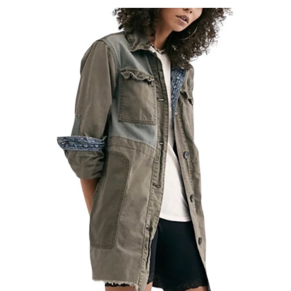 We The Free Sz M Green Utility Cargo Midi Casual Oversized Button Front Jacket